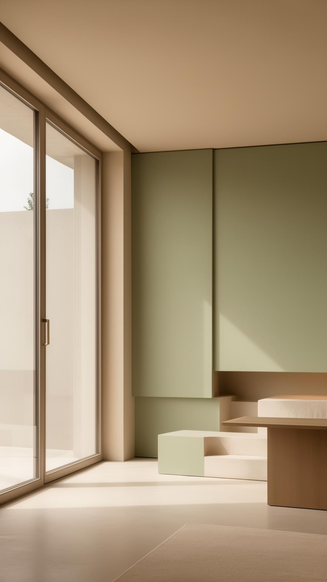 Ambiente arquitetônico minimalista com paleta neutra e luz natural